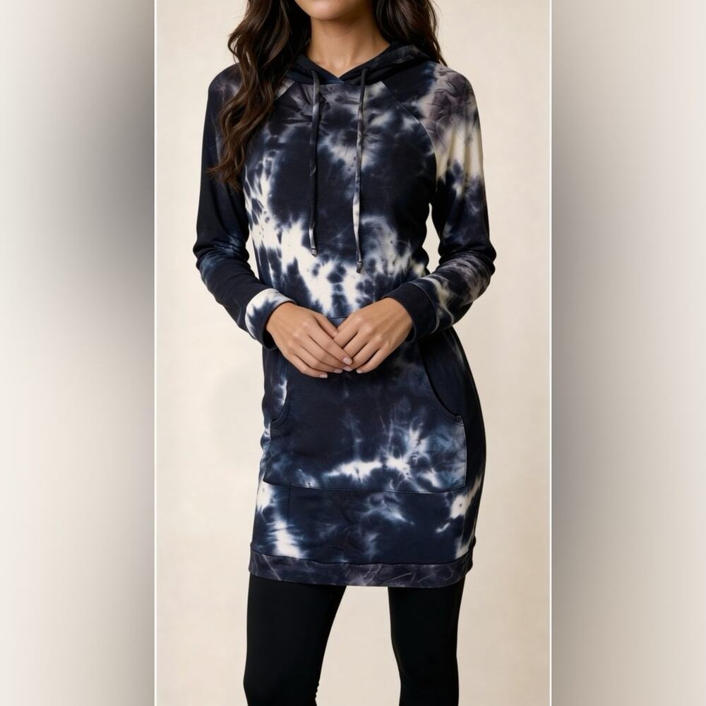Antistar Navy and White Tie-Dye Hoodie Dress XS